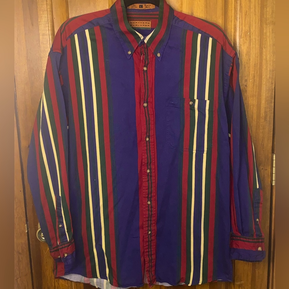 Western Style Northern Explorer Button Up in Red Yellow Green and Navy Stripe
